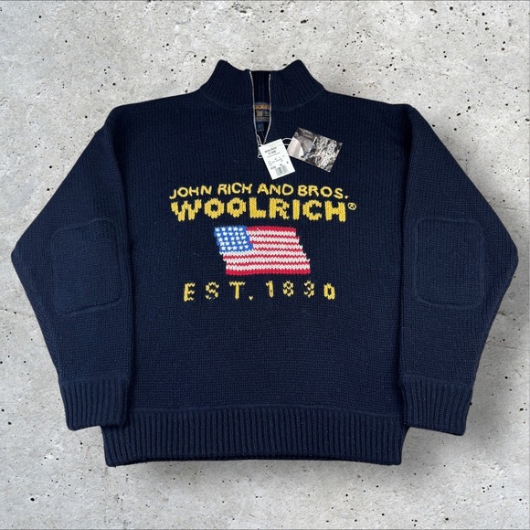 Vtg Woolrich John Rich and Bros Wool Flag Zip Sweater Cowichan Embroidered Sz XL